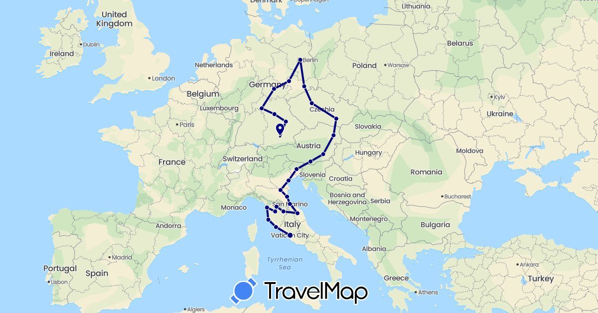 TravelMap itinerary: driving in Austria, Czech Republic, Germany, Italy, San Marino (Europe)